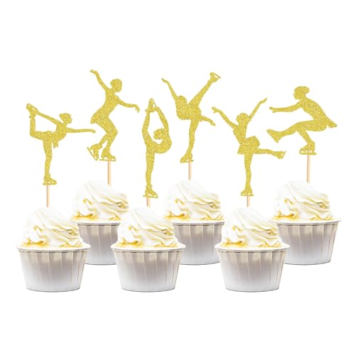 Blumomon 24 Stück Glitter Eiskunstlauf Cupcake Toppers Mädchen Eiskunstlauf Cupcake Toppers Picks Gold Schlittschuhlaufen Sport Thematische Kuchen Toppers Mädchen Geburtstag Geburtstag Party Zubehör von Blumomon