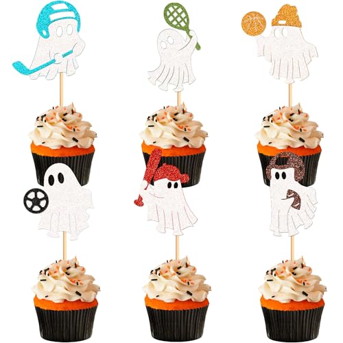 Blumomon 24 Stück Glitter Halloween Kuchen Dekoration Gespenst Cupcake Topper Sport Thema Gespenst Cupcake Topper Cartoon Gespenst Tortenaufsatz Kuchen Halloween Party Dekoration von Blumomon