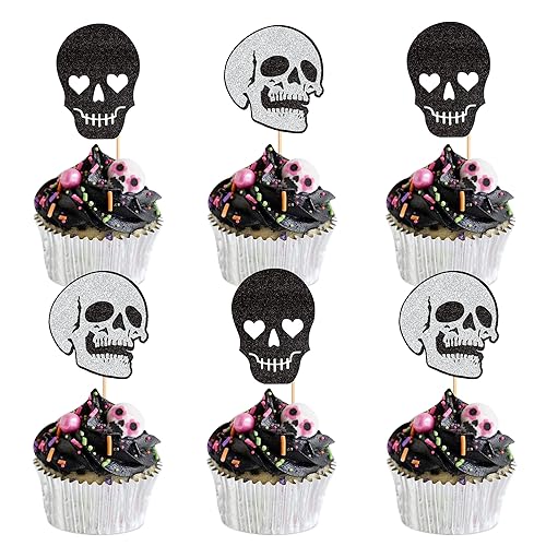 Blumomon 24 Stück Glitter Halloween Kuchen Dekoration Skelett Cupcake Topper Halloween Tortenaufsatz Kuchen Halloween Party Dekoration Death Metal Musik Party Dekoration von Blumomon