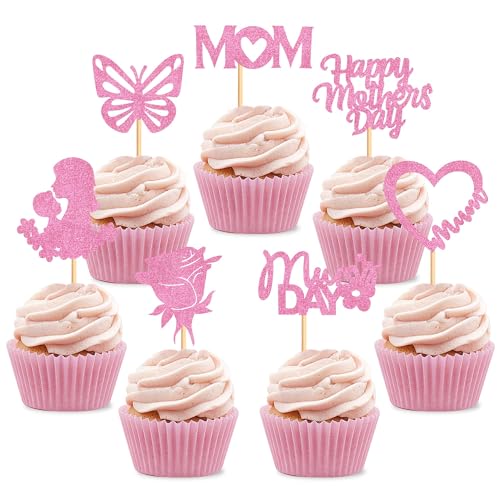 Blumomon 24 Stück Glitzer Happy Mothers Day Cupcake Topper Beste Mama Kuchendeko Mutter Cupcake Topper für Muttertag Party Kuchendeko von Blumomon