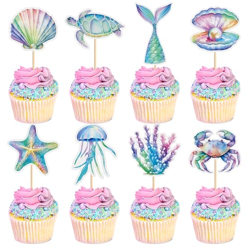 Blumomon 24 Stück Mermaid Cake Toppers Meerjungfrau Tortendeko Ozean Cupcake Toppers Kinder Frauen Geburtstag Deko Meerjungfrau Thema Party Dekoration von Blumomon