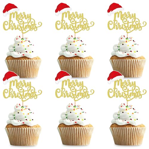 Blumomon 24 Stück Merry Christmas Cupcake Topper golden Weihnachts Kuchen Topper Zahnstocher-Flaggen für Weihnachtskuchen-Dekoration Weihnachtsfeier Feiertagsbedarf von Blumomon