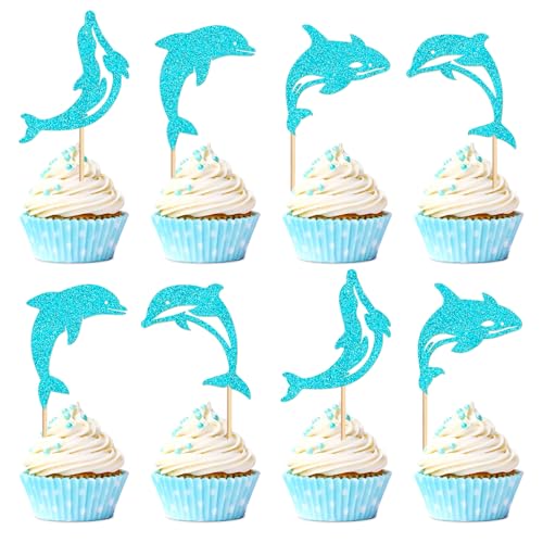 Blumomon 24 Stück Ocean Glitter Delphin Cupcake Toppers Baby Shower Dekorationen Boy Birthday Supplies von Blumomon