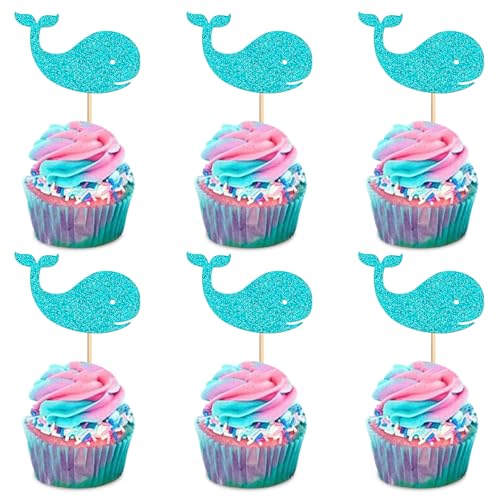 Blumomon 24 Stück Ocean Glitter Wal Cupcake Toppers Männliche Baby Shower Dekorationen Boy Birthday Supplies von Blumomon