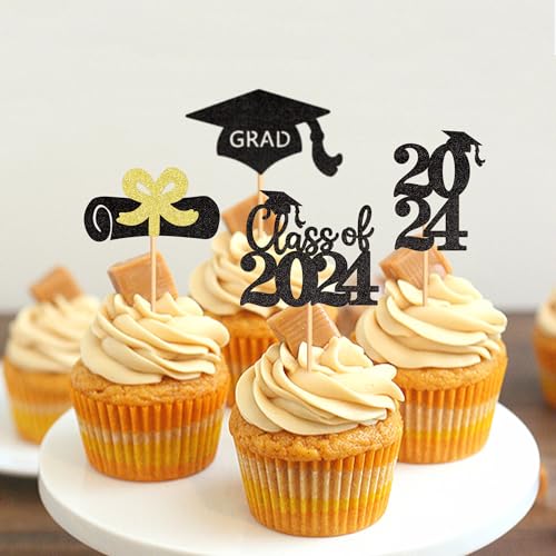 Blumomon 24 Stück Schwarz 2024 Gradation Cupcake Toppers Klasse von 2024 Grad Bachelorhut Kuchen Picks Dekorationen für 2024 Gradation Theme Party Supplies von Blumomon