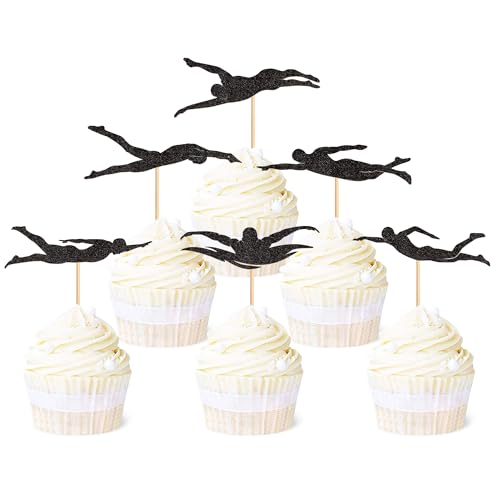 Blumomon 24 Stück Schwimm Cupcake Topper Schwarz Glitzer Fitness Schwimm Cupcake Dekoration Picks Sport Thema Cupcake Topper Baby Shower Geburtstag Sport Thema Party Kuchendekoration von Blumomon