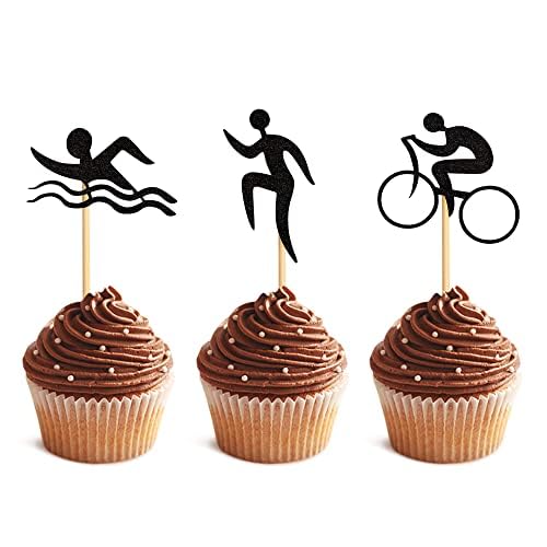 Blumomon 24 Stück Schwimmen Fahrrad Run Cupcake Toppers Schwarz Pailletten Triathlon Cupcake Picks Sport Thema Cupcake Topper Baby Shower Geburtstag Thema Sport Party Kuchen Dekoration von Blumomon