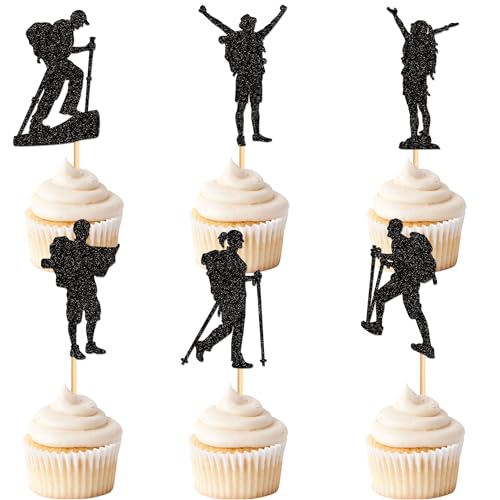 Blumomon 24 Stück Wander-Kuchendekorationen Wandern Cupcake Topper Bergsteiger Spieler Kuchendekorationen für HikeTheme Mann Junge Mädchen Geburtstag Kuchen Dekoration Supplies von Blumomon