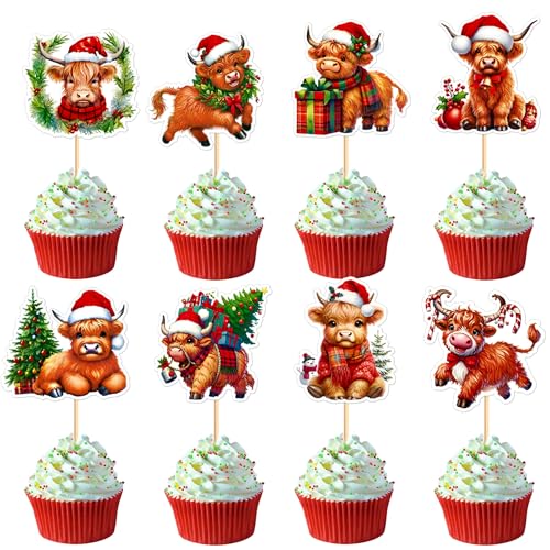 Blumomon 24 Stück Weihnachten Highlands Cow Cupcake Dekorationen Auswahl Winter Frohe Weihnachten Thema Baby Shower Party Geburtstag Kuchen Dekoration Zubehör von Blumomon