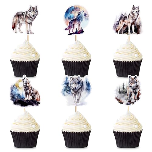 Blumomon 24 Stück Wolf Cupcake Topper Dschungel Safari Tiere Kuchen Dekoration Tiere Figur Kuchen Topper Picks für Babyparty Kindergeburtstag Party Supplie von Blumomon