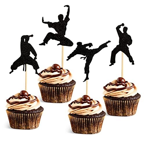 Blumomon 24 Stück schwarze Kampfkunst Kuchen Dekoration Flash Karate Taekwondo Cupcake Kung Fu Thema Dekoration für Geburtstagsfeiern für Männer von Blumomon