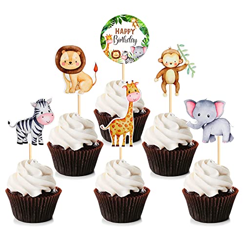 Blumomon Cupcake-Topper mit Dschungel-Safari-Tiermotiven, Happy Birthday, Kuchendekoration für Kinder, wilder Dschungel-Tier-Thema, Partyzubehör, Feiern, Partys, Events, Babypartys, Partyzubehör, 24 von Blumomon