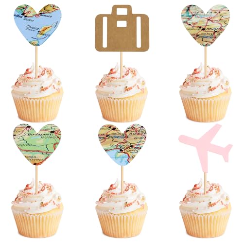 Blumomon 24pcs Reise Flugzeug Cupcake Dekoration, Rosa Flugzeug Herzförmige Karte Gepäck Cupcake Auswahl Reise Thema Baby Shower Geburtstag Party Kuchen Dekoration von Blumomon