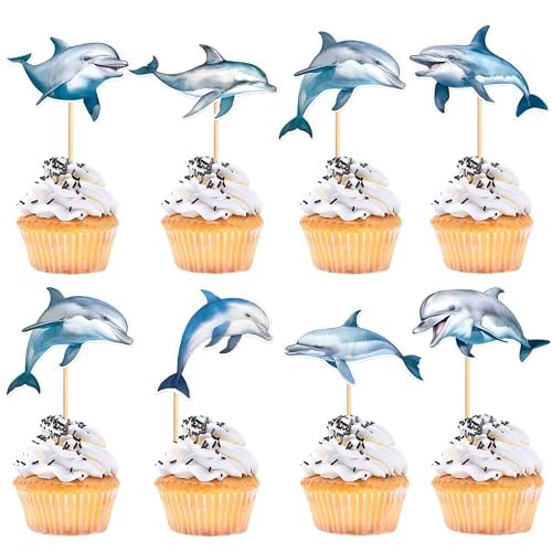 Blumomon 28 Stück Dolphin Cupcake Dekoration Dolphin Thema Cupcake Dekoration Kinder Geburtstagsfeier Kuchendekoration Marineblau Thema Party Supplies von Blumomon