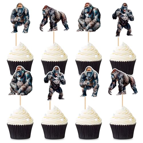 Blumomon 28 Stück Gorilla Cupcake Topper Dschungel Safari Tiere Kuchen Dekoration Tiere Figur Kuchen Topper Picks für Babyparty Kindergeburtstag Party Supplie von Blumomon