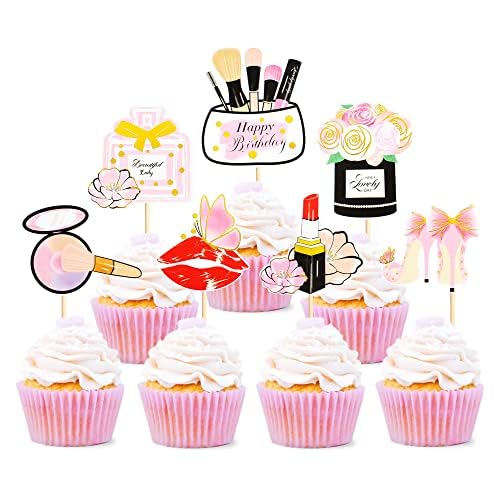 Blumomon 28 Stück Make-up Cupcake Dekoration Make-up Lippenstift Wimpern Cake Auswahl Make-up Thema Mädchen Geburtstagsfeier Dekorationsartikel von Blumomon