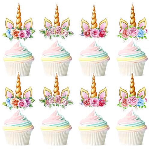 Blumomon 28 Stück Dual Front Unicorn Cupcake Toppers Farbiges Einhorn Kuchen Topper Picks Babyparty Dekoration Zubehör Party Dekoration Supplies von Blumomon