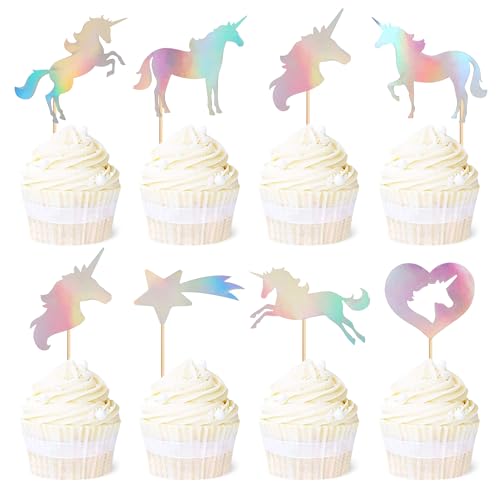 Blumomon 28 Stück Unicorn Cupcake Toppers Silberlaserpapier Einhorn Kuchen Topper Picks Babyparty Dekoration Zubehör Party Dekoration Supplies Einhorn Kuchen Dekoration von Blumomon