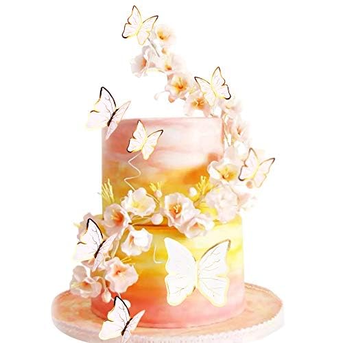 Blumomon 30 Stück 3D Schmetterlinge Cupcake-Dekoration mit Goldrand weiß gemischte Größe Happy Birthday für Frauen Dekoration Kuchen Party Hochzeit Kuchendekoration Party Dekoration von Blumomon