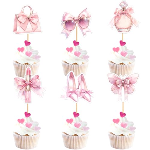 Blumomon 30 Stück Make-up Cupcake Topper Handtasche Lippenstift Duft Bogen Make-up zum Thema Mädchen Geburtstagsfeier Dekorationszubehör von Blumomon