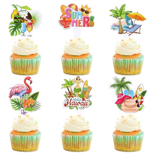 Blumomon 30 Stück Sommer Strand Vacation Cupcake topper Strandurlaub,Hawaiianischer Hula,Strandparty Cupcakes topper,Sommer Babyparty Themen Geburtstag von Blumomon