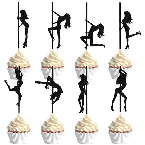 Blumomon 32 Stück Pole Dancing Cupcake Toppers Schwarz Glitzer Pole Dancers Kuchen Dekorationen Picks Pole Dancers Cake Topper für Junggesellinnenabschied Brautparty Geburtstag Party Kuchen von Blumomon