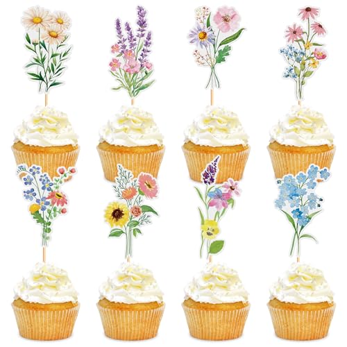 Blumomon 32 Stück Garten Cupcake topper Blume Tisch Tortendekoration Blumen KuchenTopper Braut Baby Dusche Dekorationen Engagement Party Dekorationen von Blumomon