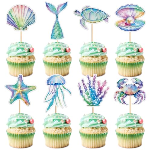 Blumomon 32 Stück Ozean Cupcake Topper Schildkröte Perle Shell Cake Dekoration Thema Ozean Zubehör für Geburtstagsparty Events Feier Baby Dusche Dekor von Blumomon