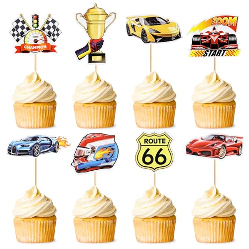 Blumomon 32 Stück Racing Cupcake Topcap Glitter Wheel Trophy Flag Helmet Racing Cupcake Motorsport Thema ausgewähltes Baby Dusche Jungen Geburtstag Kuchen Zubehör von Blumomon