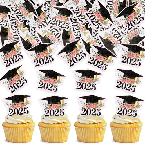 Blumomon 40 Stück Essbar 2025 Gradation Cupcake Toppers Klasse von 2025 Grad Bachelorhut Kuchen Dekorationen 2025 Gradation Theme Party Supplies 2025 Graduation Hat von Blumomon