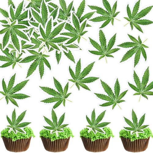 Blumomon 40 Stück Essbar Kuchen Topper Grüne Unkrautblätter Cupcake Topper Dope Geburtstagstorte Topper Hanf Leaf Cupcake Topper Geburtstagstorte Dekoration von Blumomon