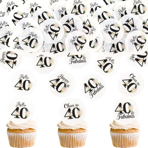 Blumomon 40 Stück Essbare 40th Happy Birthday Cupcake Toppers Cheers to 40th Fabelhafte Kuchen Dekoration 40th Geburtstag Party Dekoration Essbare Tortendekoration zum 40th Geburtstag von Blumomon