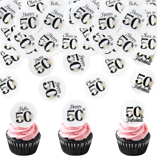 Blumomon 40 Stück Essbare 50th Happy Birthday Cupcake Toppers Cheers to 50th Fabelhafte Kuchendekoration 50th Geburtstag Party Dekoration Essbare Tortendekoration zum 50th Geburtstag von Blumomon