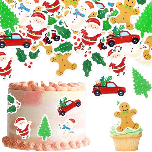 Blumomon 48 Stück Essbare Merry Christmas Cupcake Topper Essbare Weihnachten LKW Baum,Weihnachtsmann,Christmas Biscuit Man Weihnachts kuchen Dekoration Weihnachtsfeier Feiertagsbedarf von Blumomon