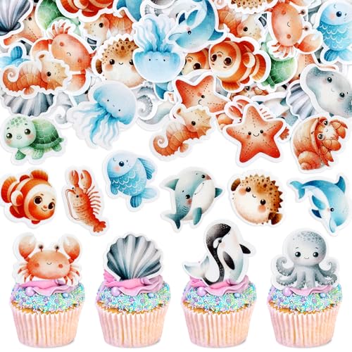 Blumomon 48 Stück Meerestiere Cupcake Topper Essbare Kuchen Dekoration Geburtstagstorte Topper Ozean Party Supplies Kuchen Dekoration von Blumomon