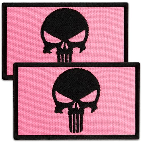 Bluyellow 2 x rosa Totenkopf-Aufnäher, bestickt, taktische Patches für Militärrucksack, taktische Weste, Militärhelm, Hundegeschirr, Airsoft, Moral-Patches mit Haken und Schlaufe, 5 x 7,6 cm von Bluyellow