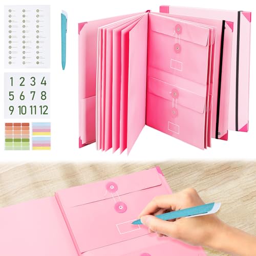 Document Organizer Folio, 9 Seiten Dokumentenmappe A4, in Case I Go Missing Binder Organizer für Wichtige mit Aufklebern und Stift, Tragbarer Aktenordner für Haus, Schule und Arbeitsreise (Rosa) von BlyeMichdi