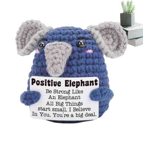 Gehäkelte Elefantenpuppe, Elefantenpuppe zur emotionalen Unterstützung, gestrickte Elefantenpuppe mit positiver Affirmationskarte, leicht und tragbar, langlebiges Design, 7,6 x 6 cm, für Arbeitszimmer von Bmdjdq