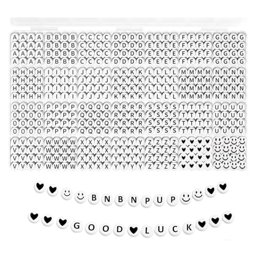 BnbnPup 1350 Stück A-Z Alphabet Perlen Set, 4x7mm Buchstabenperlen für DIY Schmuckherstellung, Armbänderperlen mit Herz Perlen und Smiley Perlen (Schwarz ﻿) von BnbnPup