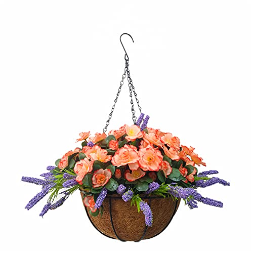 Künstliche Seidenblumen für drinnen und draußen, Champagner, Rhododendron, künstliche Blumen, Azalee und lila Lavendel, schöne Kette zum Aufhängen mit Blumentopf (großer Korb) von Bo Wawa