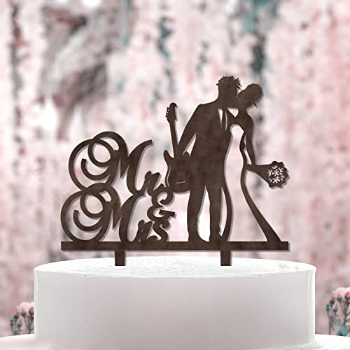 Mr and Mrs Engagement Cake Topper Couple Married Wedding Cake Topper Silhouette Guitar Player African American Cake Topper for Wedding Custom Ring Cake Topper Brown Wood Cake Toppers von BoTingKaiDZ