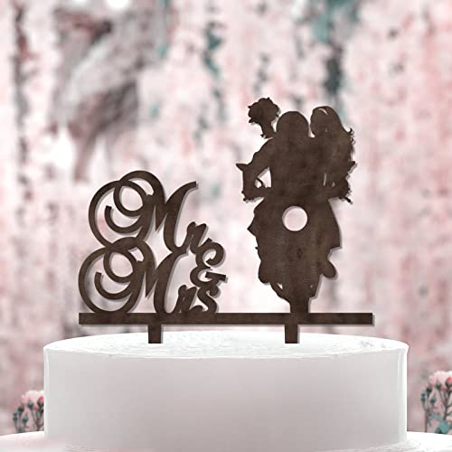 Mr and Mrs Hochzeitstorte Topper Brautdusche Kuchenaufsatz für Hochzeit Braut und Bräutigam auf Motorrad Silhouette Hochzeit Kuchen Topper Rustikale Hochzeit Geschenk Custom Brown Wood Cake Toppers von BoTingKaiDZ