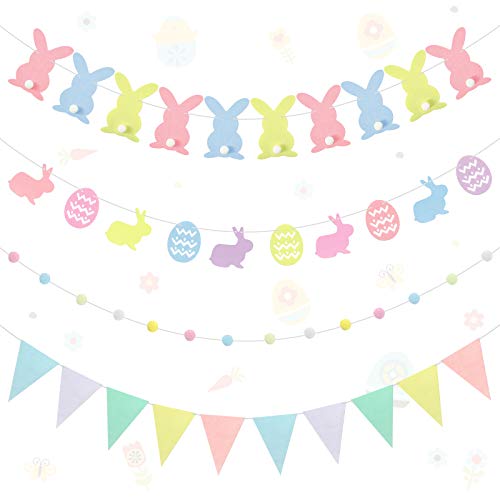 4 Sets Ostern Hsen Banner, Kaninchen und Ostereier Ammer Banner, 10 Nicht Gewebt Wimpel Flaggen, Ostern Filz Ball Girlanden, Ostern Pom Pom Girlande Hängede Dekoration für Indoor Outdoor von Boao