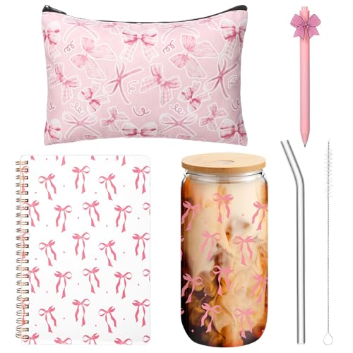 Boao Geschenk-Set mit rosa Schleife, Geschenk-Set mit Glasbecher, rosa Schleife, Spiralbindung, Kosmetiktasche, Stifte, Schleife, liniertes Notizbuch, Kokette, Geschenke für Frauen, Kokette, rosa von Boao