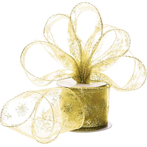 Organzaband, 6,3 cm breit, glitzerndes Schneeflockenband, transparent, mit Spule, für Weihnachtsdekoration, Geschenkverpackung, Partydekoration (Gold, 45 m) von Boao