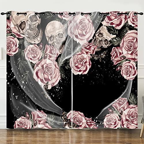 Boceoey Rosa Totenkopf Verdunkelungsvorhang Blickdicht Vorhang mit Ösen, Thermovorhänge Gegen Kälte Ösenvorhang Schallschutz Vorhang für Kinderzimmer Schlafzimmer Wohnzimmer, H160 x B140 cm von Boceoey