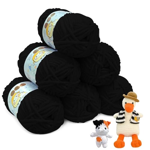 Chenille Wolle zum Häkeln, 6x50g Flauschige Wolle Schwarz, Kuschelwolle, Häkelwolle Flauschig, Flauschige Wolle zum Häkeln Weiche für Amigurumi, Puppen, Hüte, Schals und DIY Kunsthandwerk von Bocguy