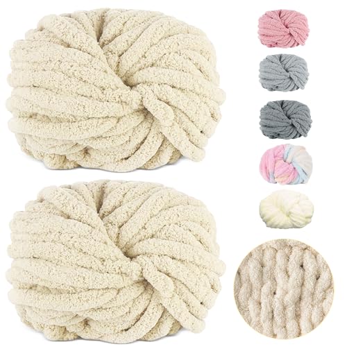 Dicke Wolle Garn 500 g(250 g*2) ca.54 m, Beige Chunky Wolle, Super Soft Chenille Chunky Yarn, Grobstrick Weiches Wollgarn, Soft Arm Knitting zum Häkeln Decke, Schals, Mützen, Decken, Zierkissen von Bocguy