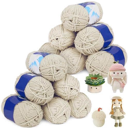 Wolle zum Häkeln 600g(50g*12), Häkel Wolle 5 Faiding, Baumwolle zum Häkeln, Crochet Yarn, Wolle Baumwolle, Amigurumi Wolle Handstrickgarn für DIY Häkeln, Stricken und Kunsthandwerk (Khaki Weiß) von Bocguy