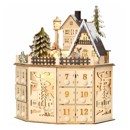 Bodhi2000 Castle Adventskalender für den Schreibtisch, Weihnachten mit LED-Lichtern, Musik, Holz, beleuchtet, Haus-Szene, Countdown, 24 Schubladen, Holzfarbe von Bodhi2000